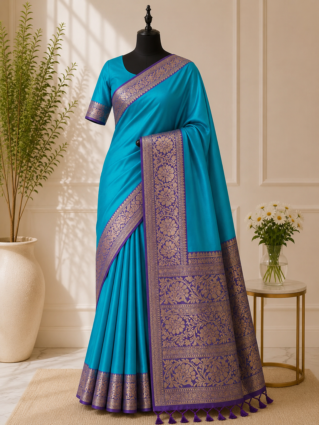 Bright Turquoise/aqua blue with purple silk saree