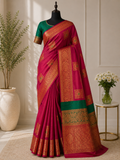 Elegant Majenta and emerald green silk saree with rich gold Zari Weaving