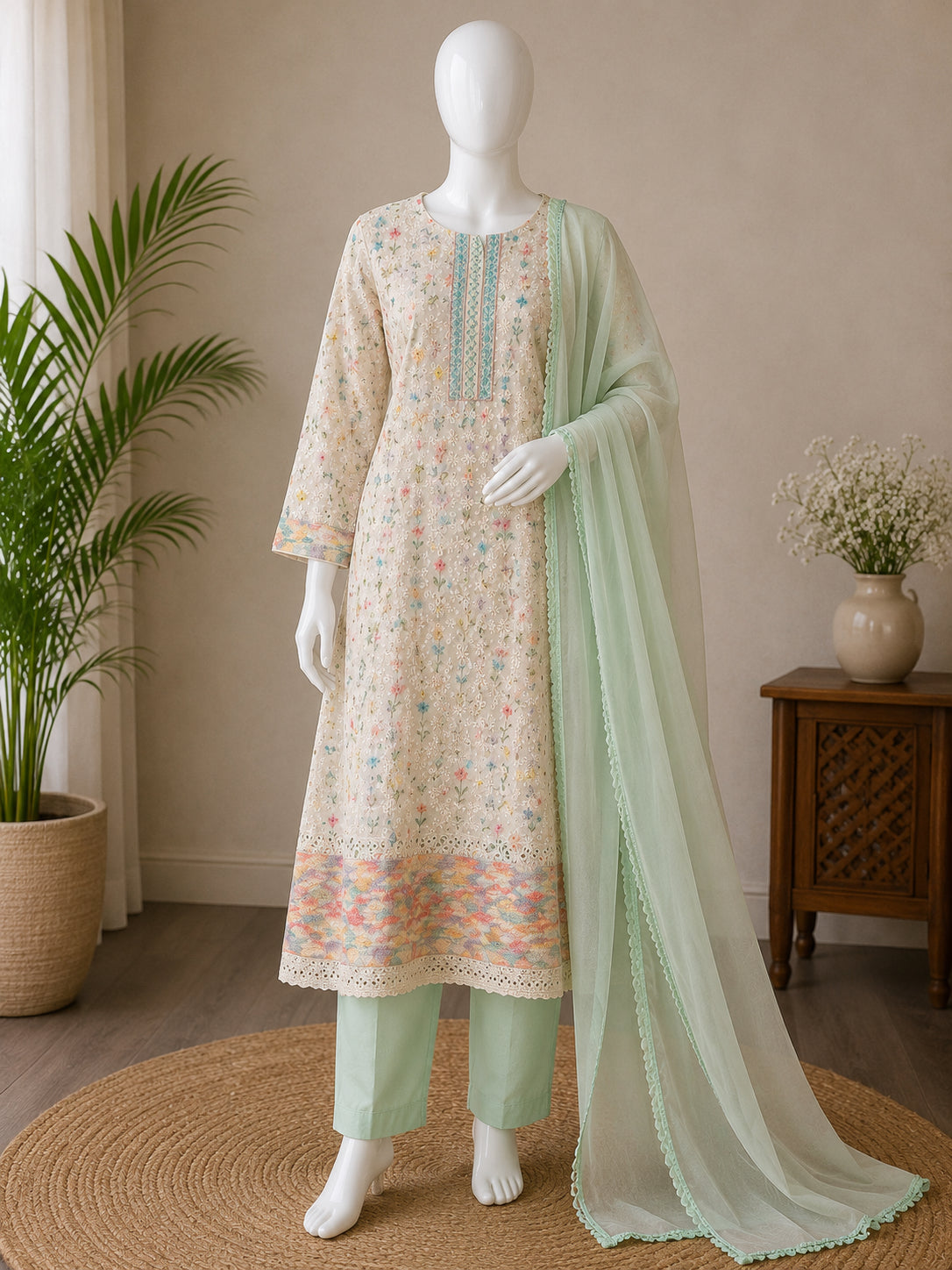 Pastel bloom embroidered suit set
