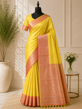 Vibrant sunshine yellow  with wide peach - gold zari style woven border