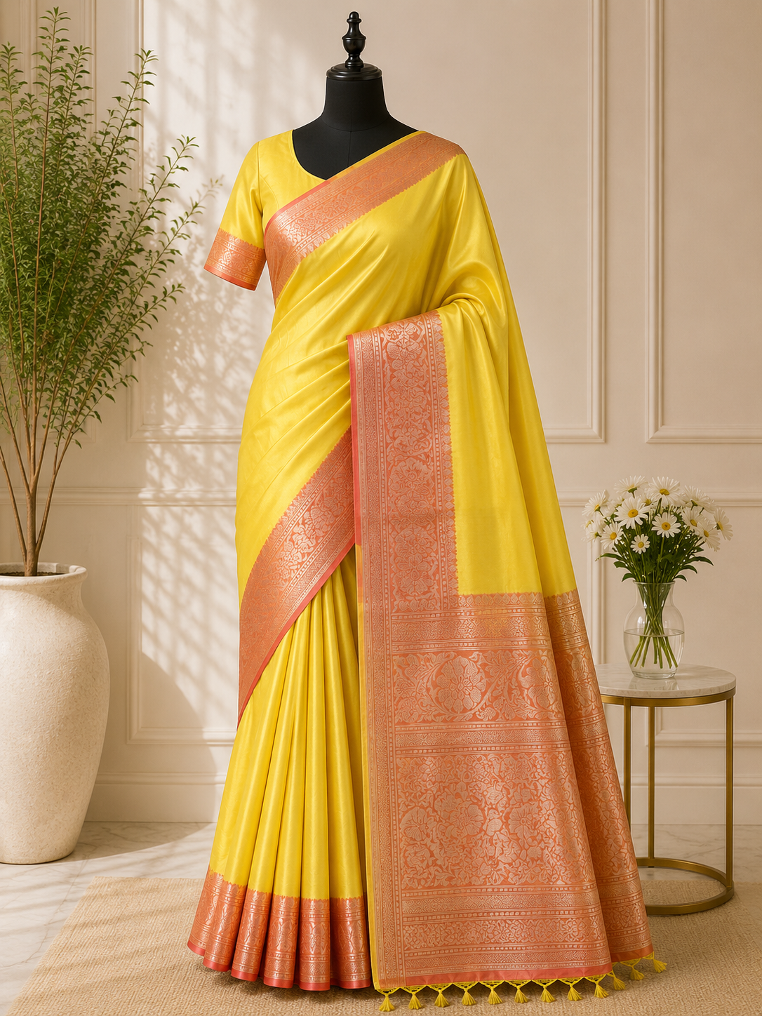 Vibrant sunshine yellow  with wide peach - gold zari style woven border