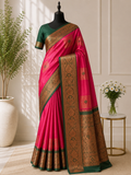 Bright pink with rich antique gold Zari weaving silk saree and a emerald green border
