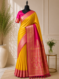 Bright mustard yellow and rani pink with intricate gold zari work silk saree