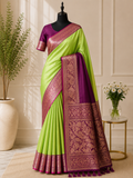 Bright lime/ apple green with deep majenta -purple border pallu