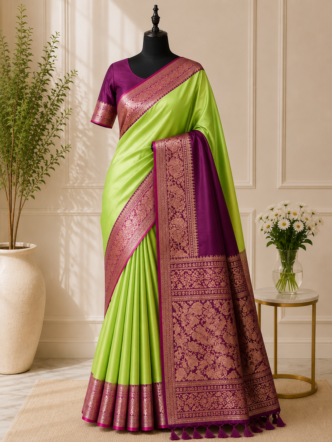 Bright lime/ apple green with deep majenta -purple border pallu