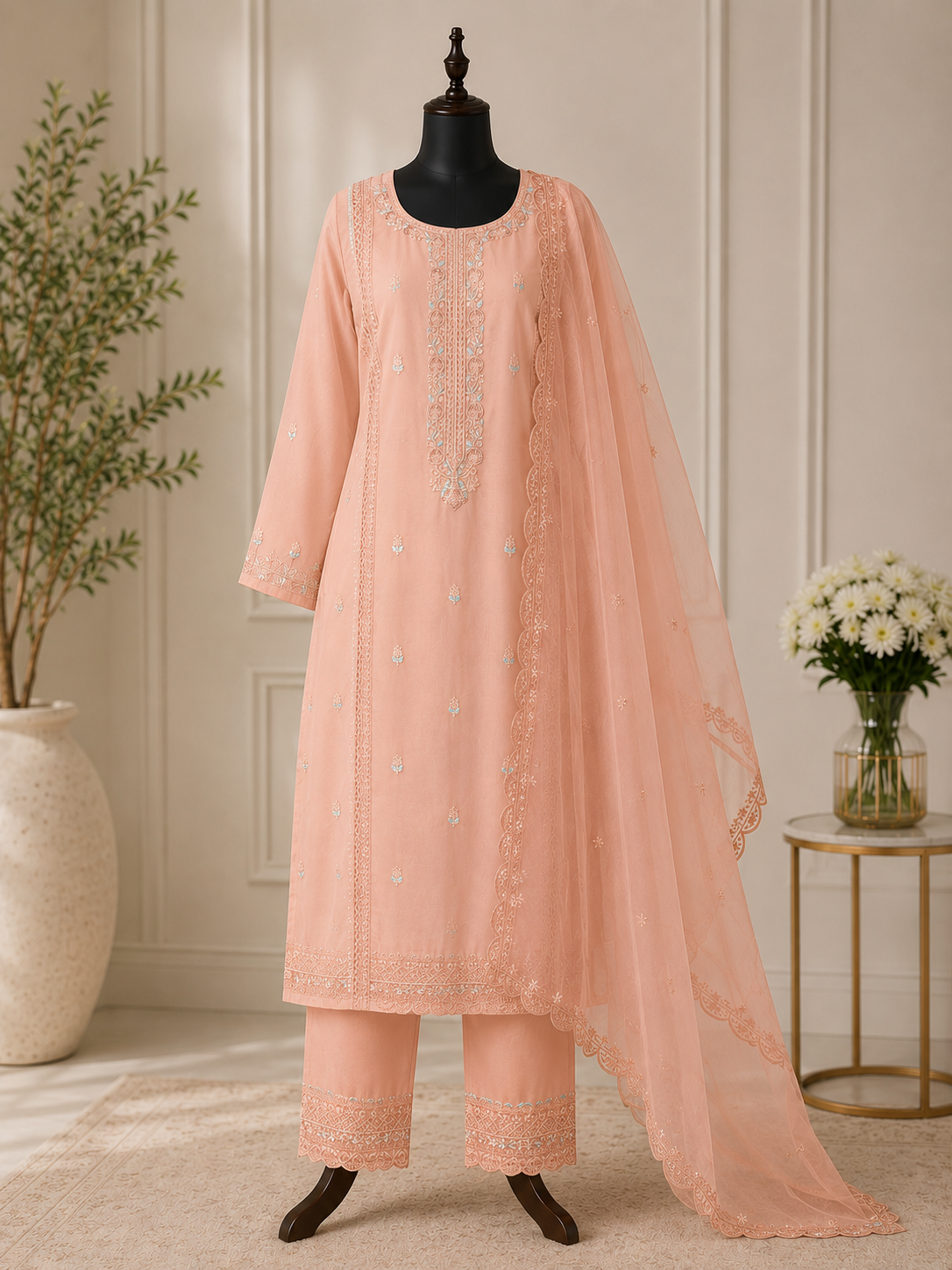 Pink and peach embroidered 3 piece suit