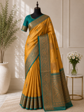 Mustard gold with teal green with zari detailing