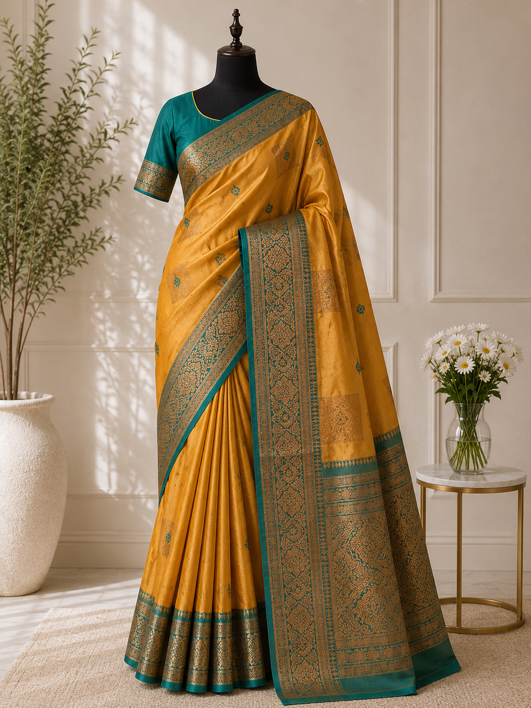Mustard gold with teal green with zari detailing