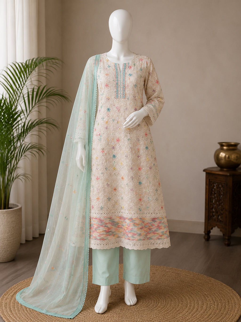Pastel bloom embroidered suit set