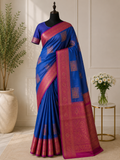 Royal blue silk saree with majenta zari border