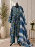 Blue floral printed 3 piece suit