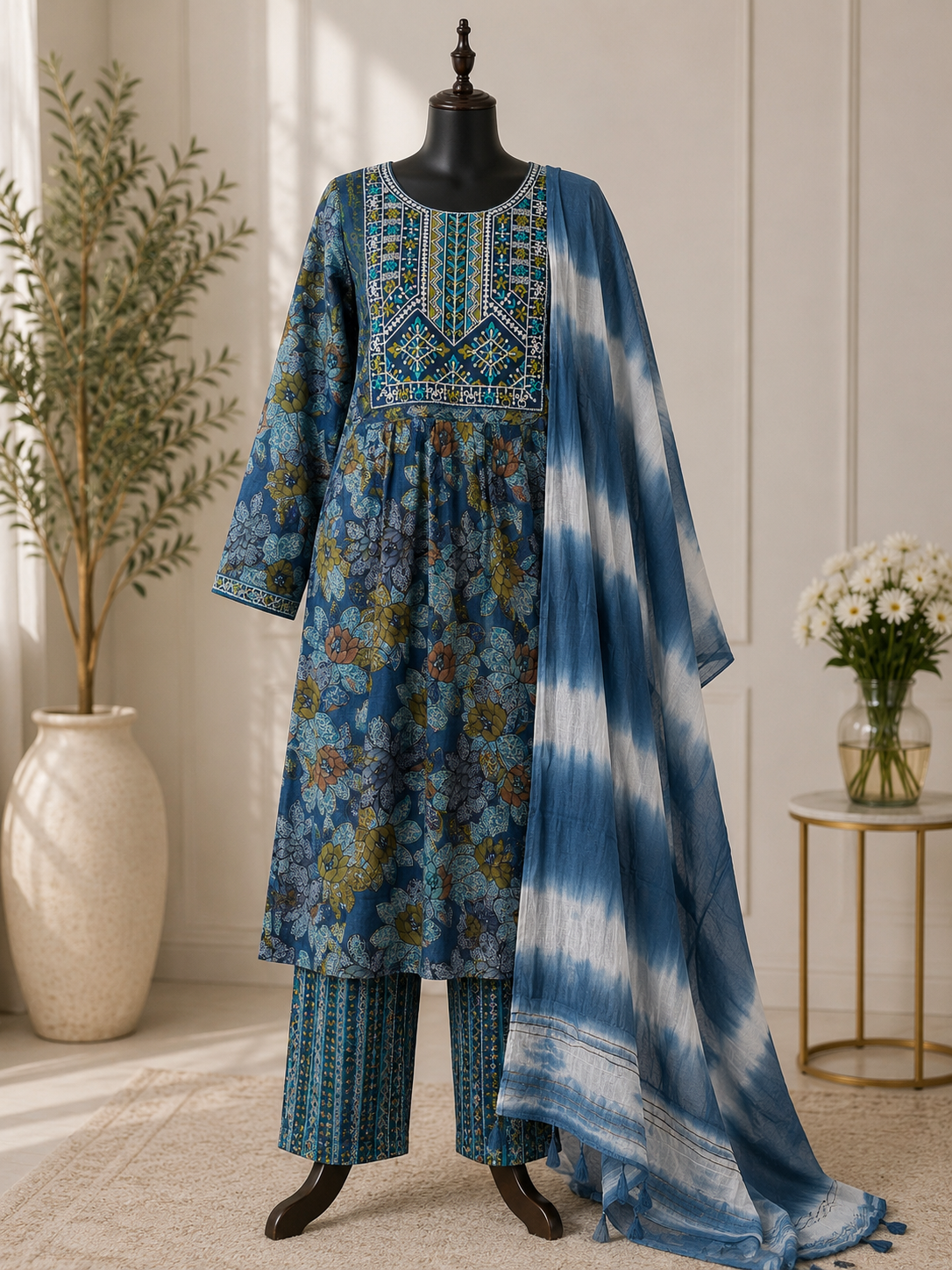 Blue floral printed 3 piece suit