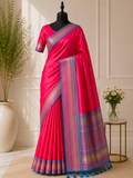 Radiant pink silk saree with contrast violet lavender undertone