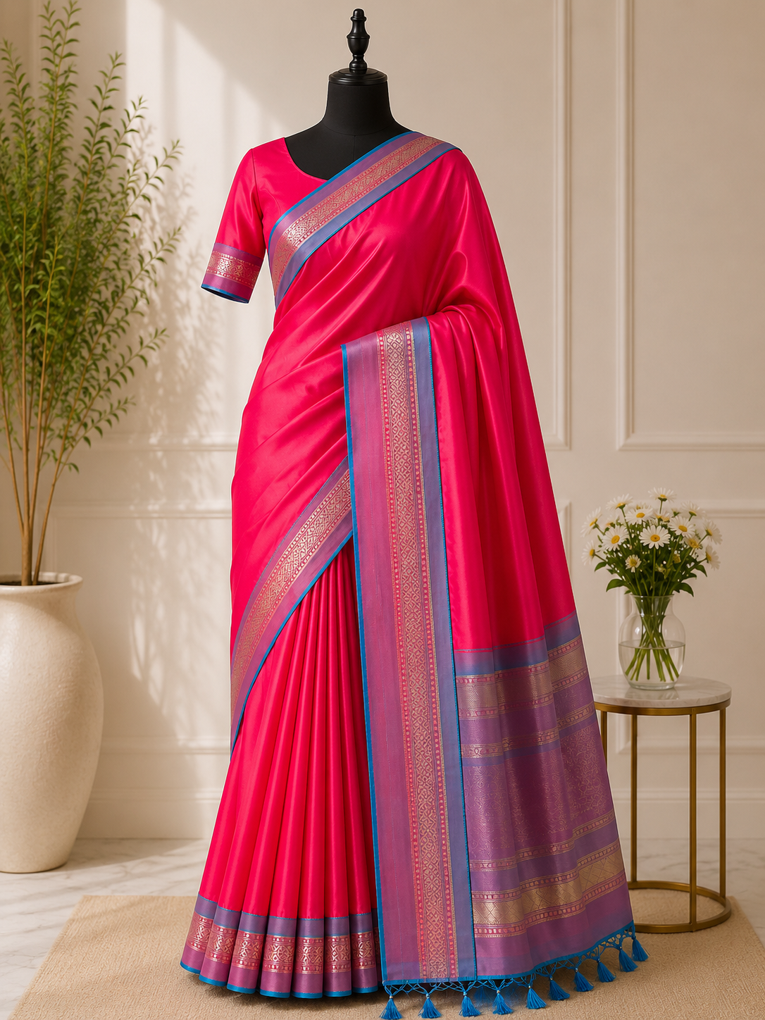 Radiant pink silk saree with contrast violet lavender undertone