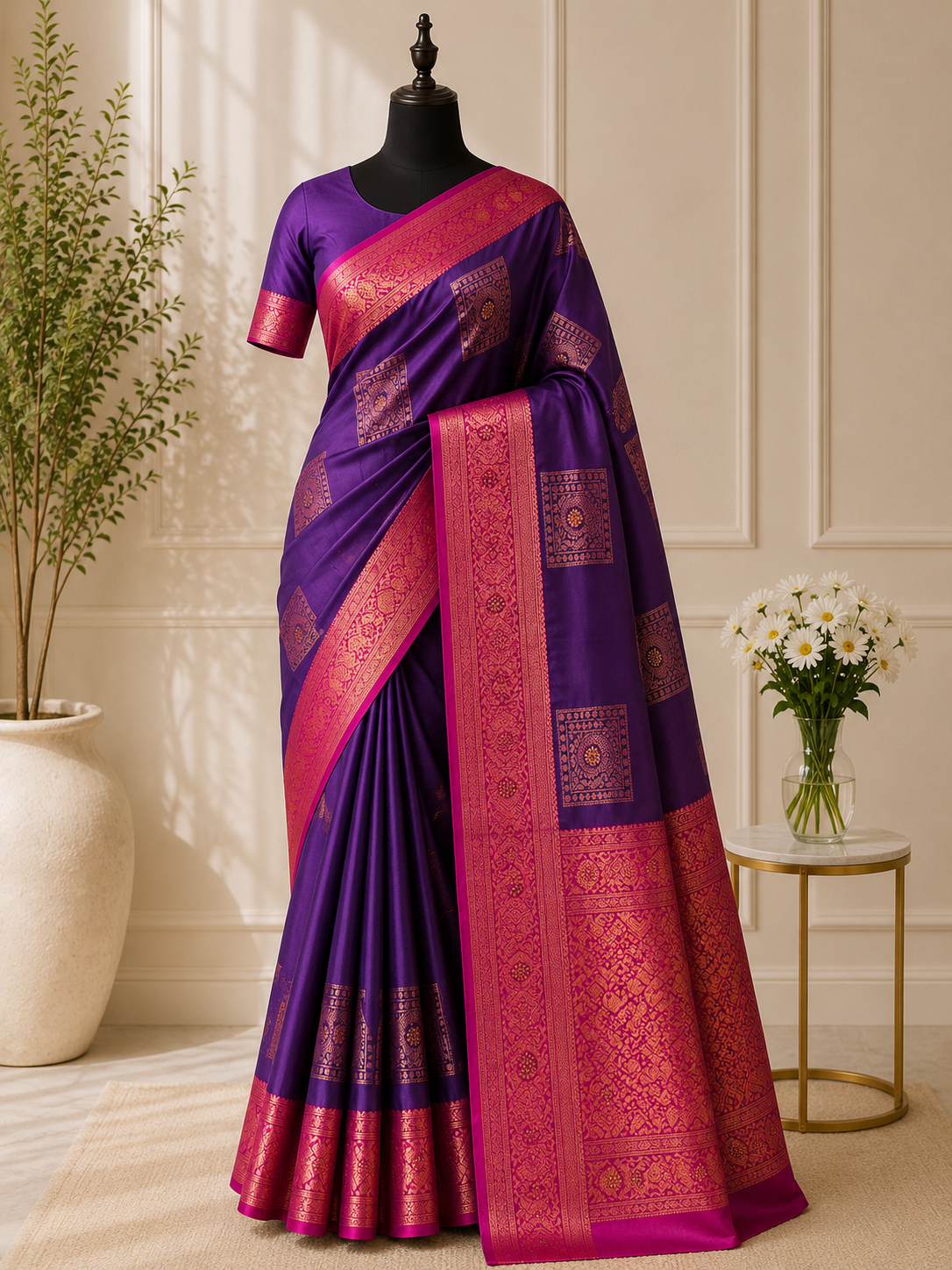 Purple and Rani pink banarasi silk saree
