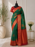 Emarald green kanchivaram  silk saree with rust red and antique Gold zari border