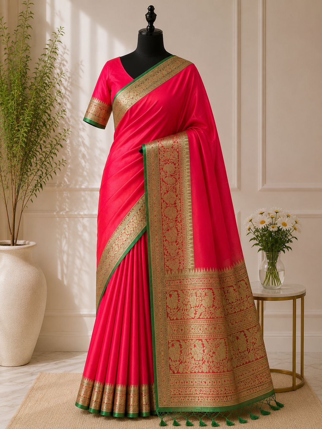 Rani pink and emerald green silk saree