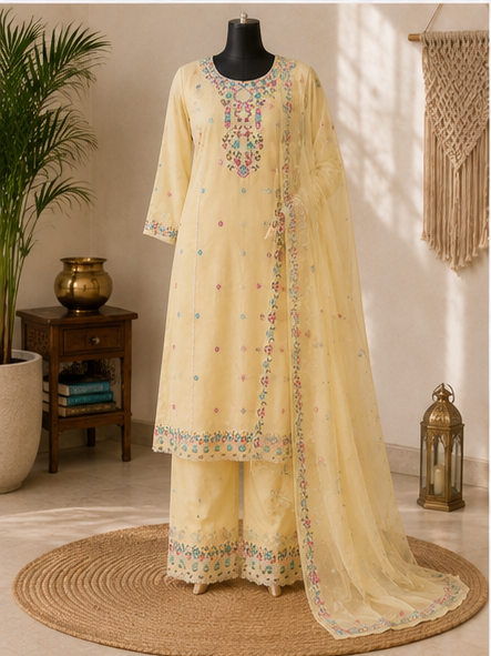 Butter yellow floral embroidered suit set