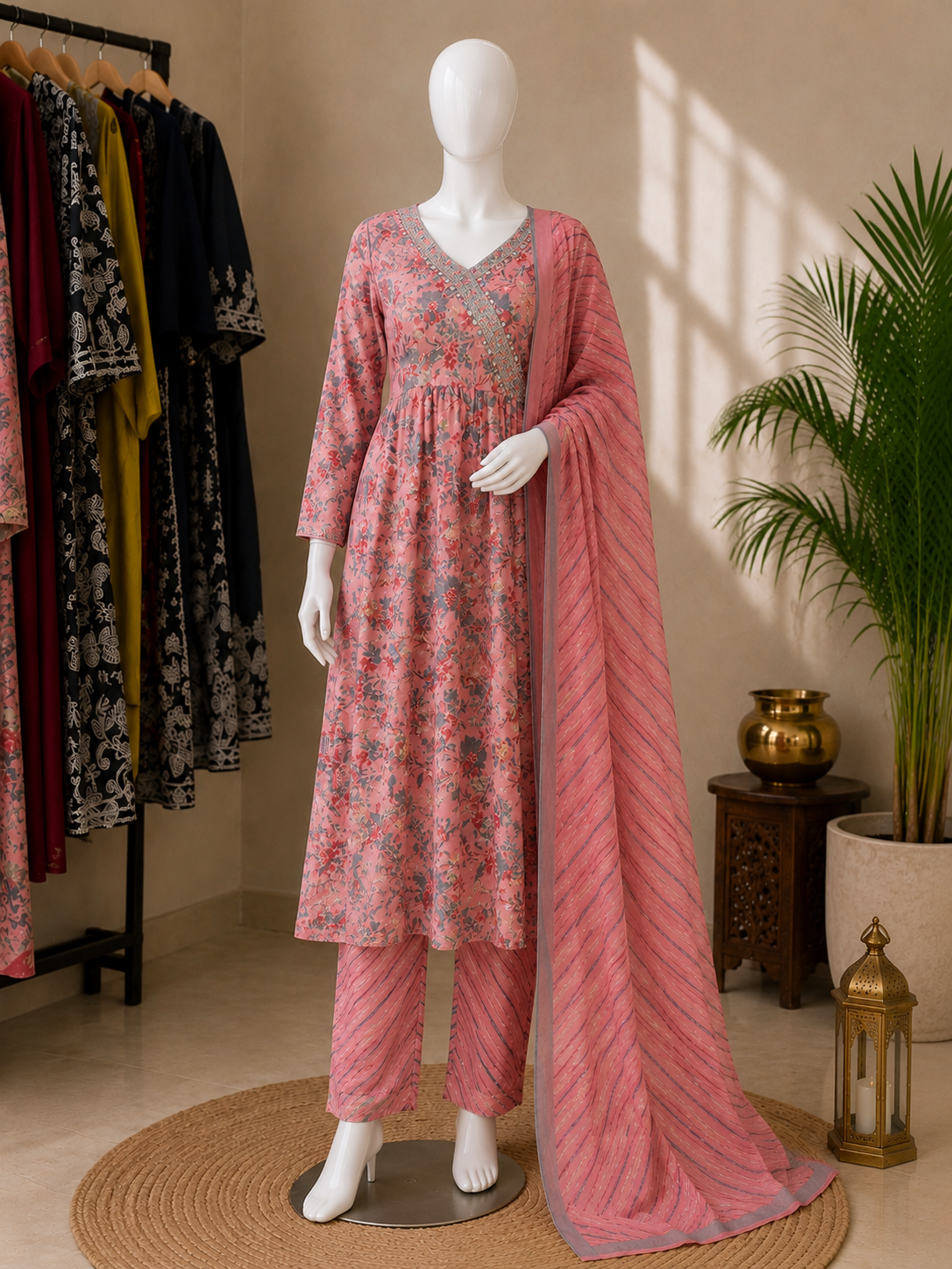 Elegant floral pink cotton suit set