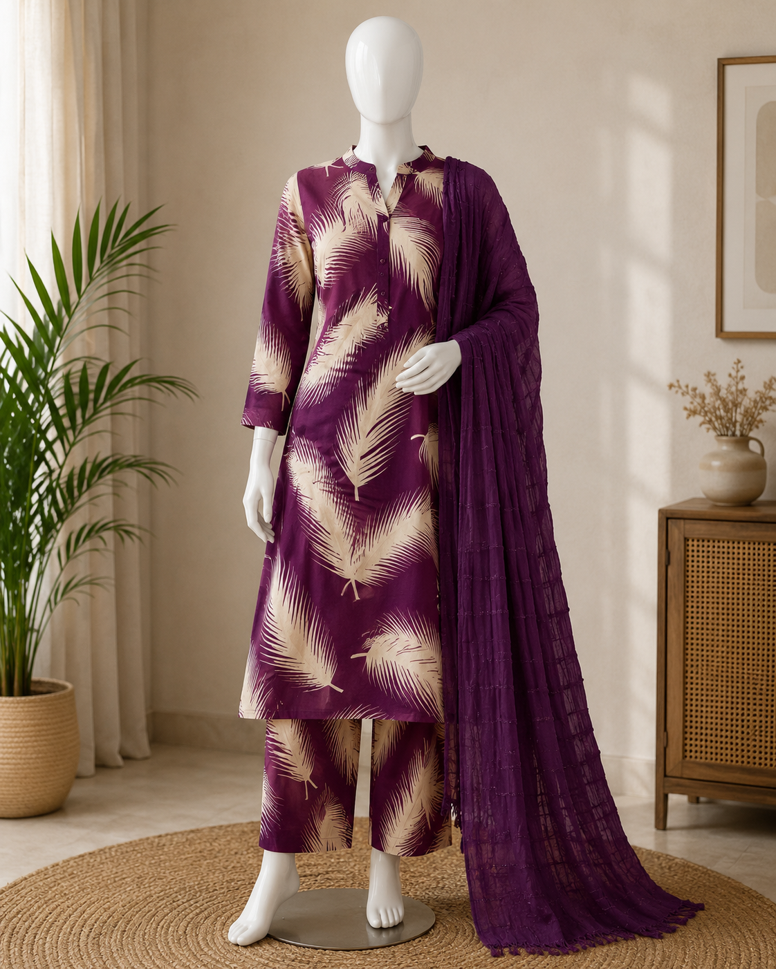 Contemporary Feather print cotton suit set