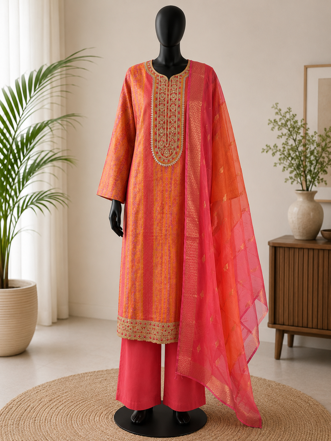 Vibral coral pink and orange festive suit set