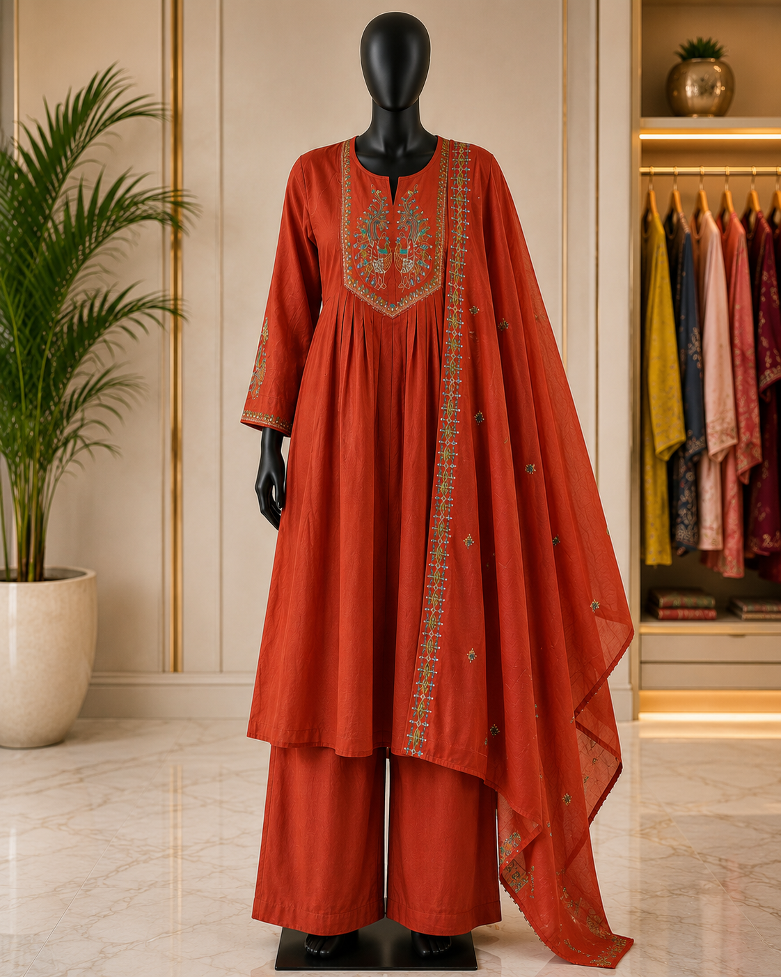 Rust orange  hand embroidered anarkali suit set